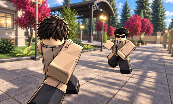 Two Anime High School RP students in school uniforms walking through the campus plaza among blooming trees