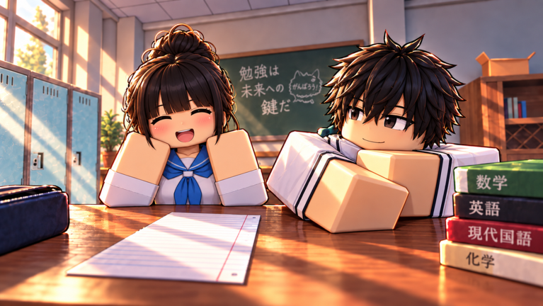 Two smiling Roblox students sitting together at a classroom desk with Japanese textbooks and a chalkboard behind them.