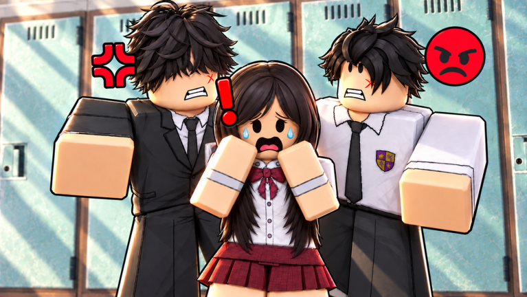 Three Anime High School RP students by the school lockers with different hairstyles, uniforms, and expressions