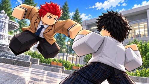 Two student characters square up for a fight near the campus fountain in Anime High School RP